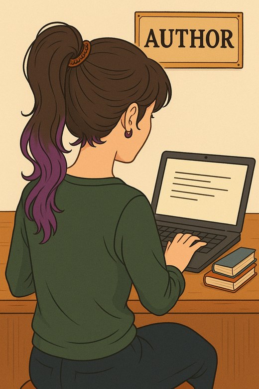 Illustration of Jesse Alexander writing at a laptop beneath an Author sign