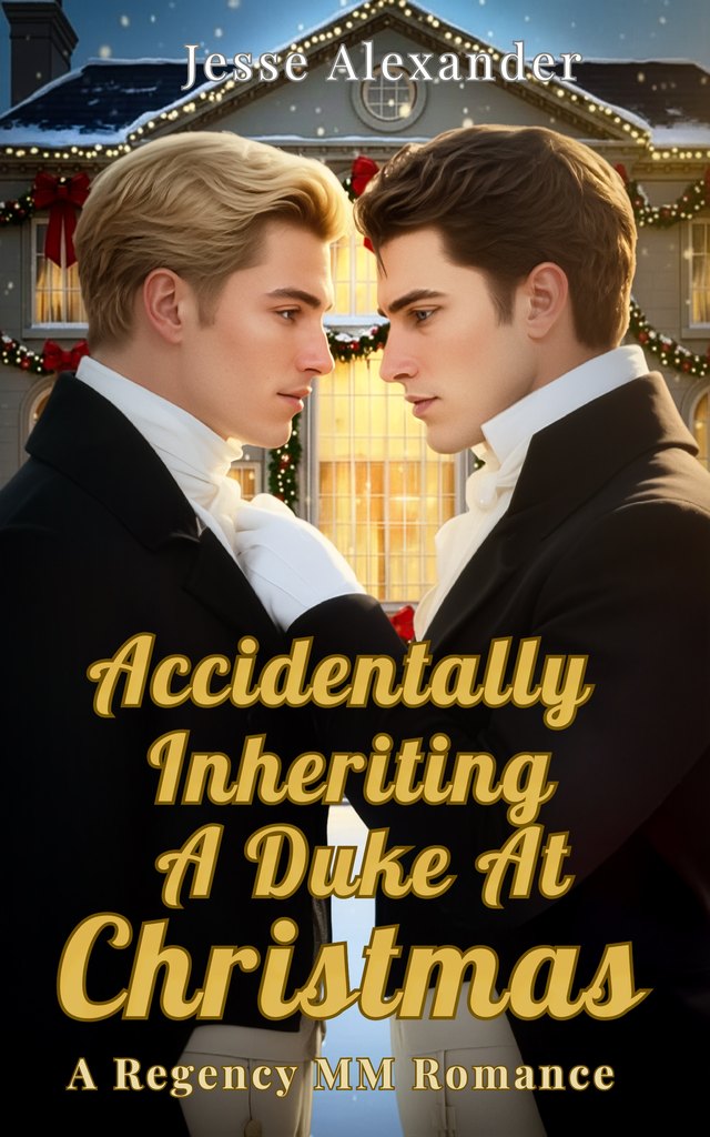 Accidentally Inheriting A Duke At Christmas cover — two gentlemen in regency evening dress face to face before a snowy, garlanded manor