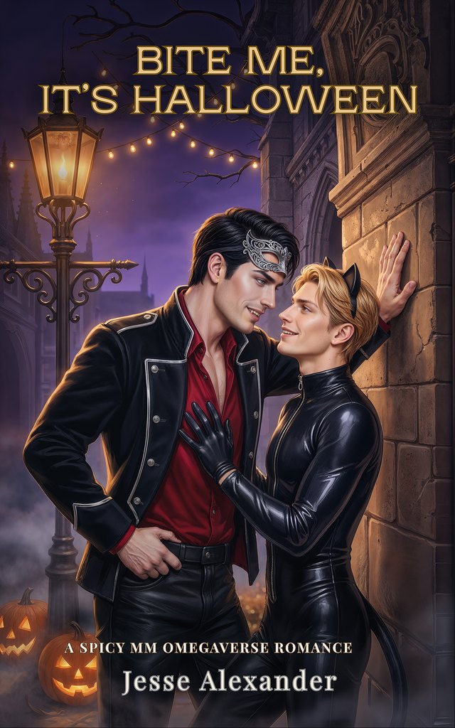 Bite Me, It's Halloween cover — a masked vampire and a man in a cat costume under a Halloween lamplight